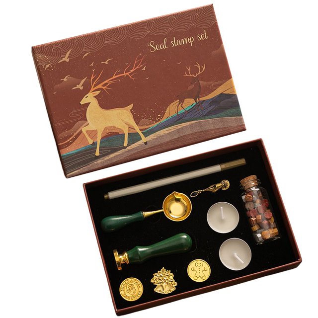 Kit de sellos de cera con 6 piezas de sello y botella de cuentas de cera Cuchara/vela/calentador de cera para derretir para Navidad Sobres vintage Cartas Manualidades de correo Regalo para sobres Tarj