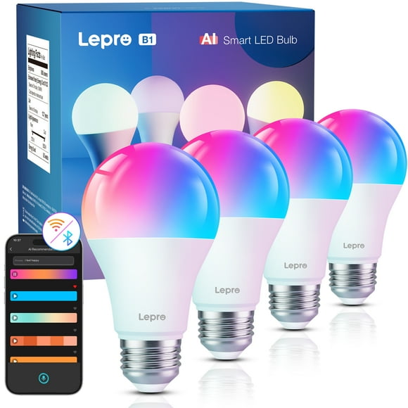 Lepro B1 AI Smart Bulbs, Christmas Light Bulbs, AI Mood Recognition, Music Sync, Thousands Dynamic Scenes, Color Changing Light Bulbs, Work with Alexa, Google Assistant Via Lepro+
