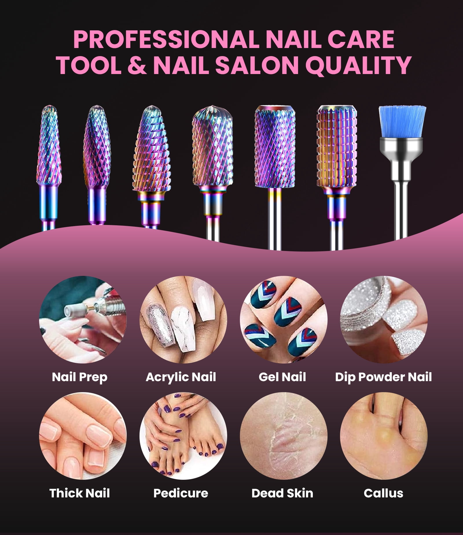 MelodySusie Nail Drill Bits Set, 7pcs Tungsten Carbide Diamond 3/32'' Professional Nail Drill Bits for Nail Drill Efile,colorful