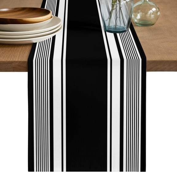 Farmhouse Black Short Table Runner 60 Inches Long, Farmhouse Black Line Striped Cotton Linen Table Runners Dresser Scarves, Fabric Tabletop Scarf Furniture Cover for Home Dinner Party Decor 13"x60"