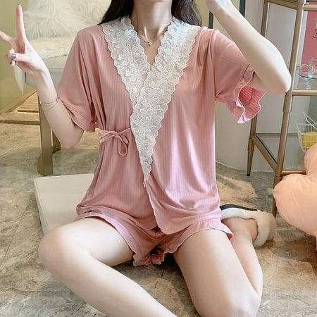 

PIKADINGNIS New Kimono Pajamas for Women Cotton Homewear Short Sleeve Japan Style Lace Pijamas Mujer Soild Color Harajuku Girl Sleepwear