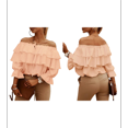 thumbnail image 2 of Women'S Off Shoulder Ruffle Trendy Summer Fashion Long Sleeve Blouse Sexy- Dressy Casual Layered Tops Champagne M, 2 of 7