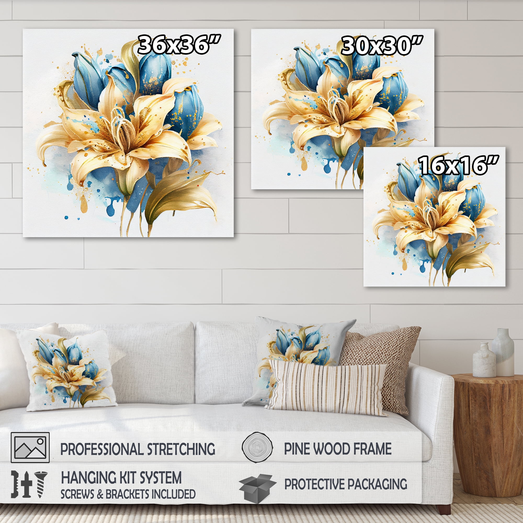 Designart Gold And Blue Lily Bouquet I Canvas Wall Art