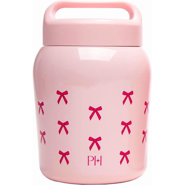 - Tarro de acero inoxidable, doble pared sellado al aspiradora, recipiente de almacenamiento de alimentos con tapa de asa de transporte, 24 onzas, color rosa con diseño de lazo