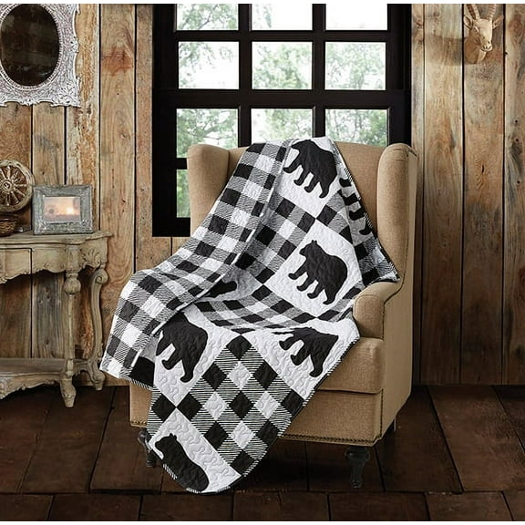 Virah Bella Bear Black & White Plaid Quilted Throw Blanket - Checked 50" x 60"