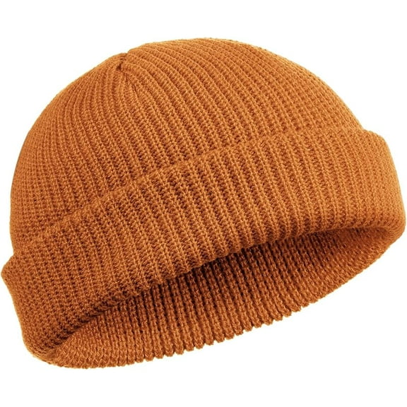 Short Fisherman Beanie for Men Women, Wool Knit Cuffed Fleece Lined Trawler Beanies Winter Warm Hat 【 Caramel 1Pcs 】