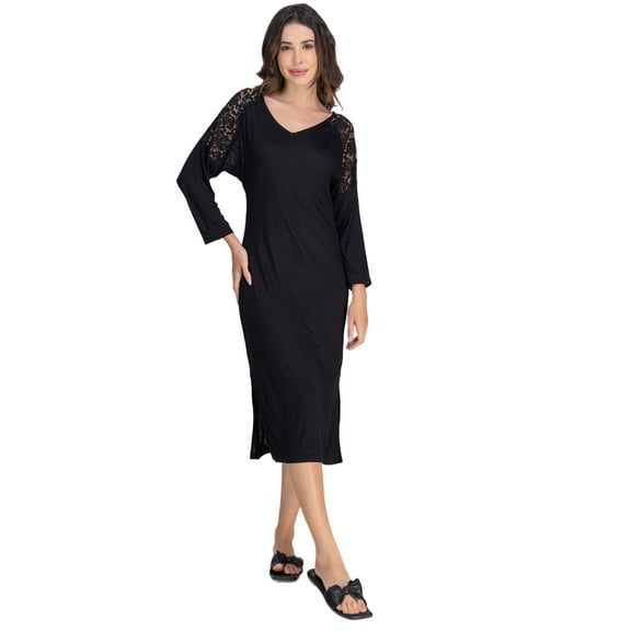 Moomaya Women's Long Nightdress - Elegant V-Neck Maxi Nightgown With Lace Detailing & Side Slit