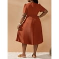thumbnail image 2 of Plus Size Women's Solid Color Short Puff Sleeve Pleated Hem Dress Coffee Brown Casual Dress, 2 of 13