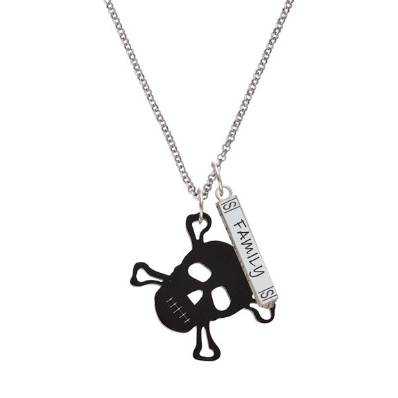 Delight Jewelry Acrylic Large Black Skull Silvertone Family Bar Charm Necklace, 23"
