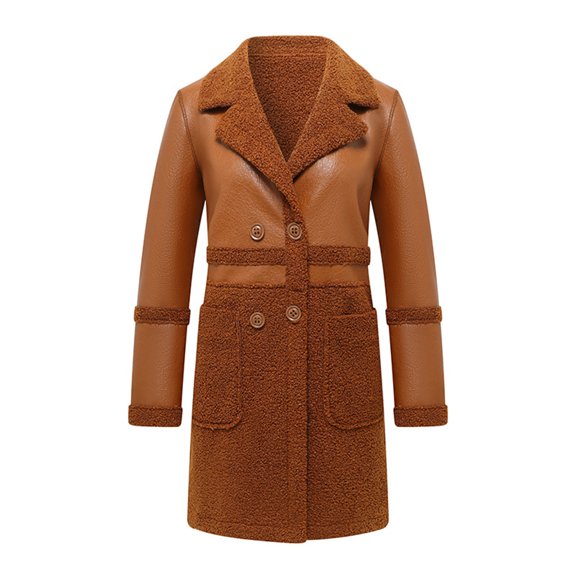 Autumn Winter Women Jacket Thickened Plush Faux Leather Patchwork Mid Length Plus Size Patch Pockets Double-breasted Turn-down Collar Overcoat
