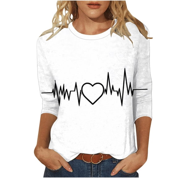 cocolona Valentines Shirts for Women Summer Crew Neck 3/4 Sleeve Tops Casual Loose Blouses Fashion Cute Heart Print T-shirts