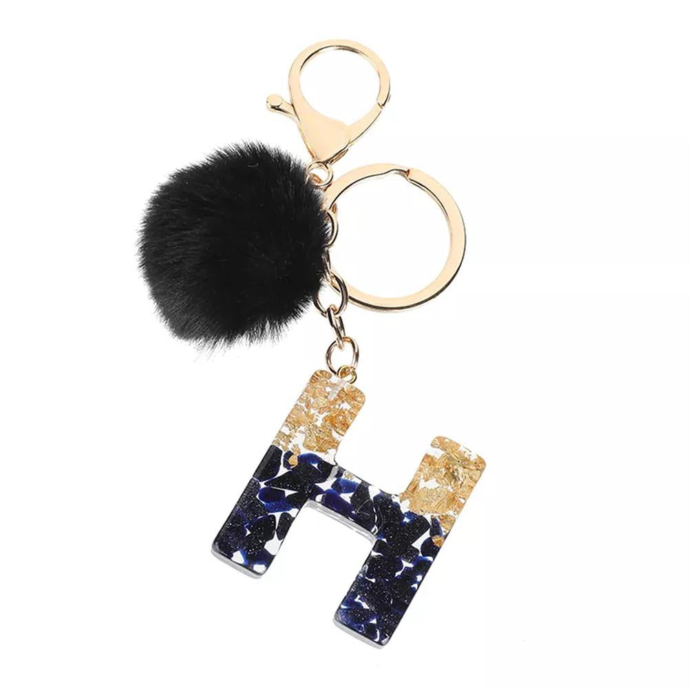 Black Resin Letter A-Z Keychain Alphabet Charm Key Ring with Pompom Fur  Ball for Women Girls Handbag Purse W2C2
