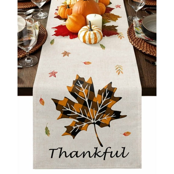 Fall Table Runner Thanksgiving Autumn Maple Leaf Table Runners Retro Orange Buffalo Check Cotton Linen Dresser Scarf Kitchen Dining Table Decor for Fall Holiday Party Decor 13x72 Inch