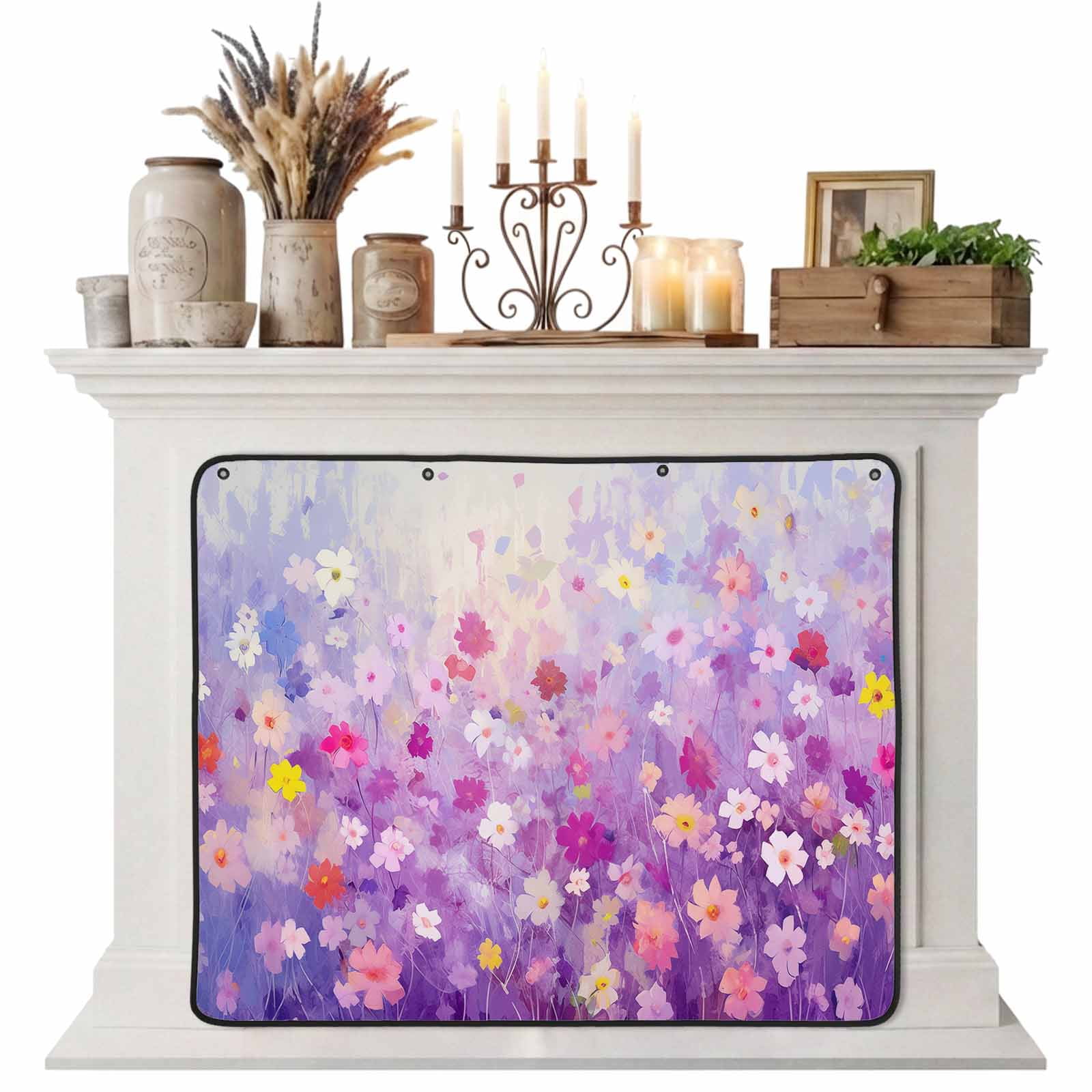 Magnetic Fireplace Cover Abstract Flowers Fireplace Screen Purple Daisy Full Spring Plant Insulation Fireplace Blocker Blanket Save Energy Fireplace Draft Stopper Covers for Living Room 39x32