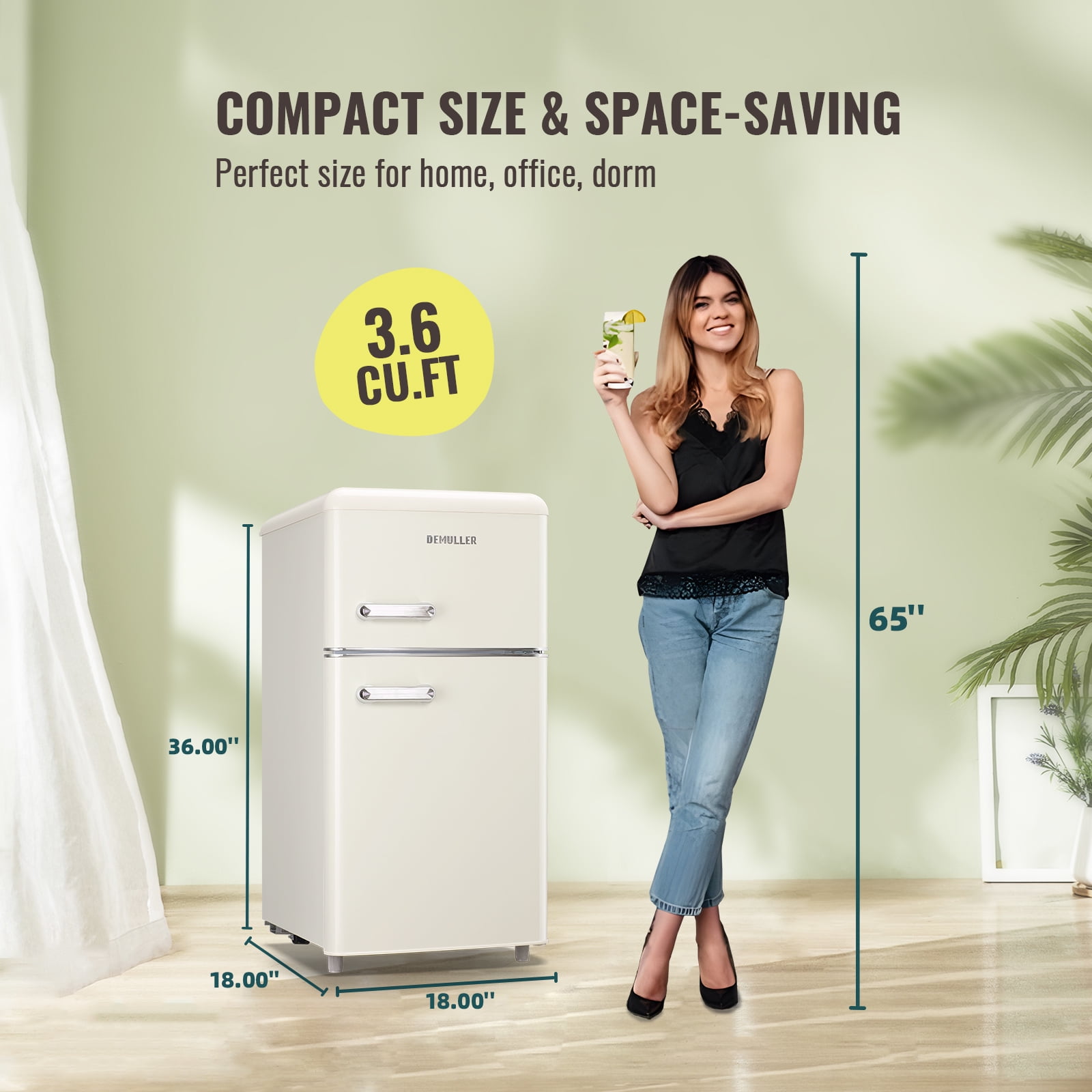 DEMULLER Retro Small Refrigerator with Freezer Mini Fridge 7 Modes Temperture Setting Cream White