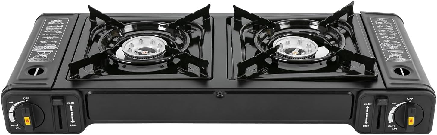 Portable Butane Camping Stove 2 Burners Gas Stove with Grill Tray and Storage Case Double Auto Ignition Cooktop Camping Burner for Home, Camping, Outdoor, Rv
