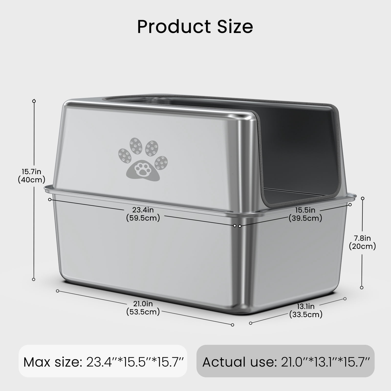 Ptlom Stainless Steel Litter Box with Lid Metal Litter Box Extra Large Cat Litter Pan 23.4" X 15.5" X 15.7"