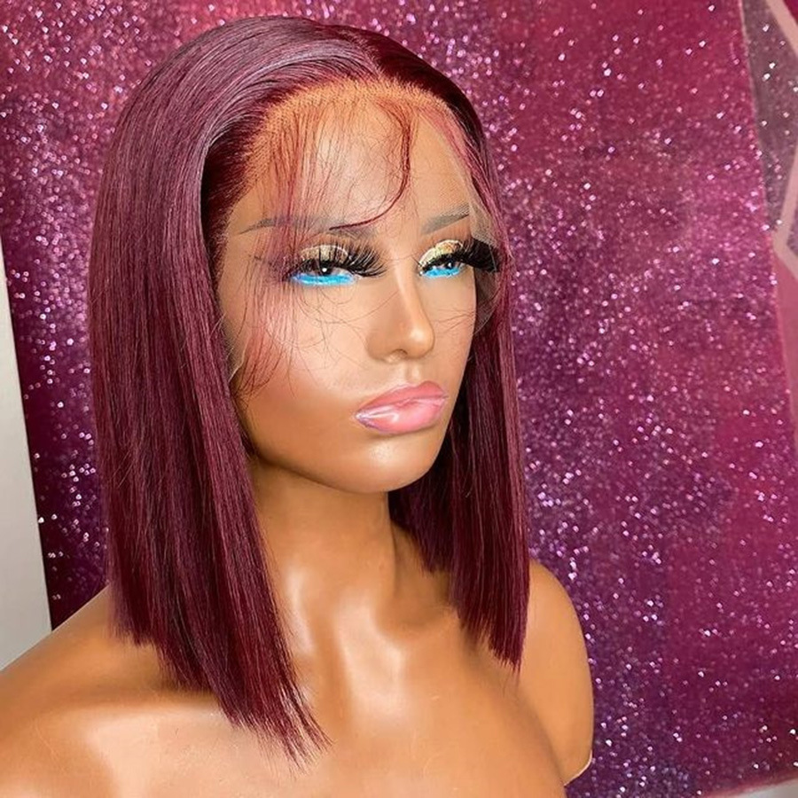 99J Burgundy Short Bob Wig 13X4 Lace Front Wigs for Women Brazilian Human Hair Red Highlighted Colored Lace Frontal Wig 10inch