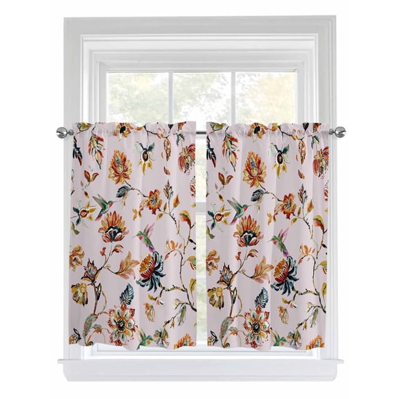Pink Spring Floral Bathroom Window Curtain, Summer Botanical Vintage Birds Light Filtering Coffee Kitchen Curtains, Bedroom Living Room Curtains 2 Panel 84"x45"