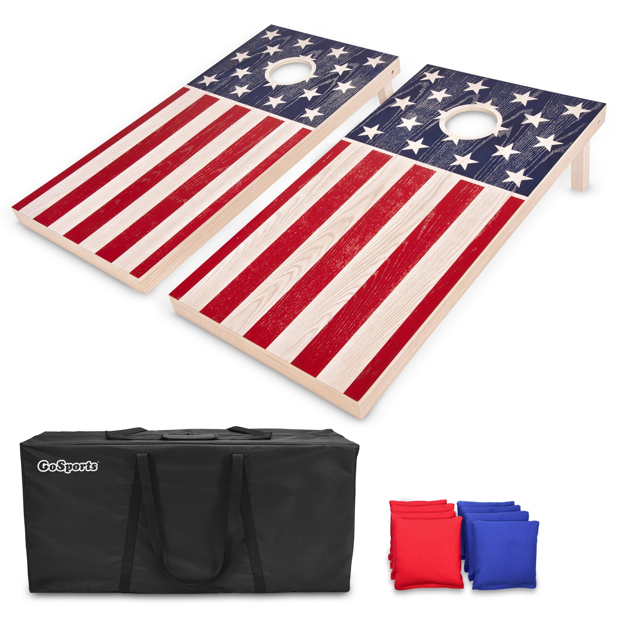 GoSports Classic Cornhole Set Travel Case and Game Rules Includes 8 Bean Bags Choose Between Classic, American Flag, and Football Designs 