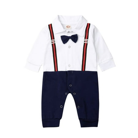 

Gwiyeopda Infant Baby Boys Formal Romper Long Sleeve Jumpsuit Gentleman Bow Tie Wedding Party Set