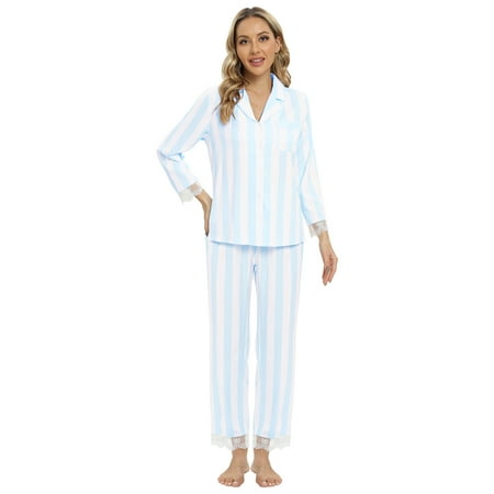 

Baywell Striped Pajamas Set Women Lace Trim Long Sleeve Sleepwear Button Down Nightwear Two Piece Loungewear Set with Two Front Pockets Blue S-2XL