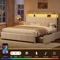thumbnail image 4 of GUNAITO King Bed Frame with Storage Headboard, 2 Drawers Platform Upholstered LED Bed Frame with USB Ports & Outlets Beige, 4 of 9