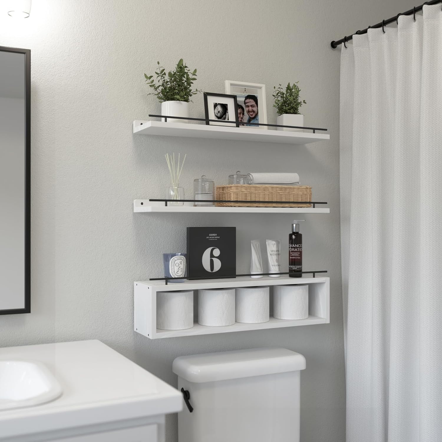 Floating Shelves for Wall 24 inch with Cube Shelf, Wall Shelves with Metal Rail for Bathroom Decor, Bathroom Organizers and Storage, Over Toilet Shelves, Toilet Paper-White
