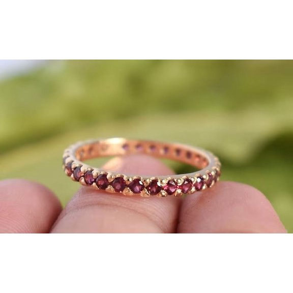 Red Garnet Full Eternity Band Ring Wedding Engagement Stackable 925 Sterling Silver Rose Gold Plated Gemstone Jewelry For Women Gift