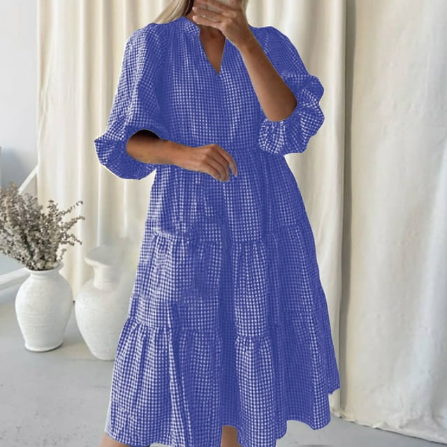 Robes pour Femmes Été 2024, Robe Décontractée à Manches Courtes, Col en V, Mi-Mollet, 50 % de Réduction!