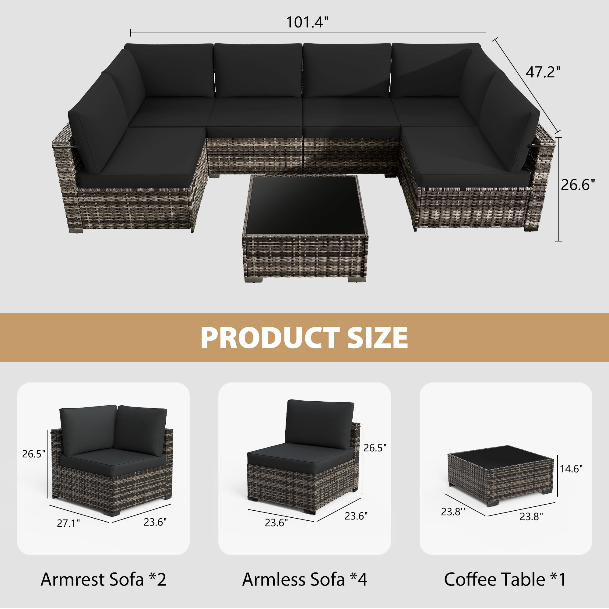KIGOTY 7 Piece Outdoor Patio Furniture, Wicker Rattan Outdoor Conversation Set Sectional Sofas for Backyard, Garden, Beige-Black