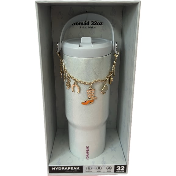 Ice White Hydrapeak 32 oz Nomad Insulated Tumbler with Handle & Straw Lid - Limited Edition Charmed Western Custom Charms, Pale Shimmery Ice White with Subtlest Blue Tint