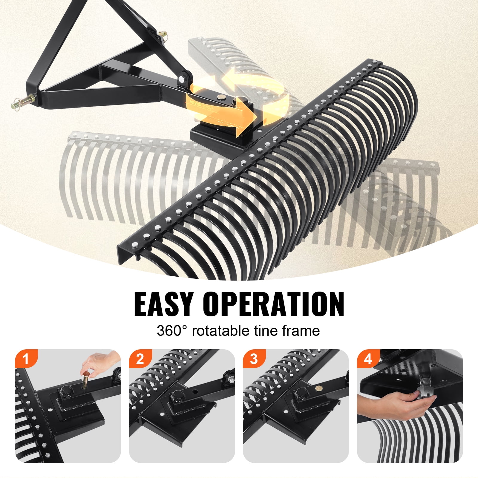 KFFKFF Pull-Behind Thatch Remover, 60" Width, Equipped with 32 Durable Steel Prongs, Tractor-Compatible 3-Point Hitch Garden Rake, Ideal for Soil Preparation and Grass Maintenance
