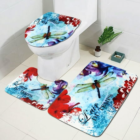 Non Slip Pad Cover 3Pcs Bathroom Bath Mat Set Ink Painting Cover + Floor Pedestal Rug + Non-slip Pad Mat Carpet for Home Bedroom Decor Gift ()