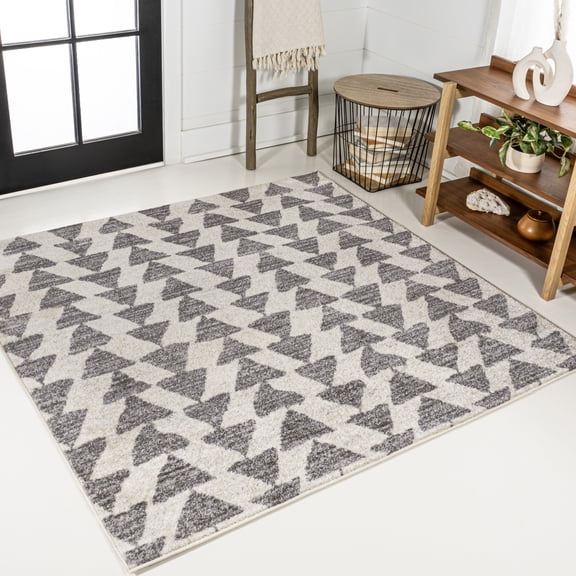 JONATHAN Y MOROCCAN HYPE 4' Square Area Rug, Aisha Moroccan Triangle Geometric - Cream/Gray, MOH206B-4SQ