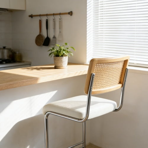 Natural Rattan Bar Stools Set of 2, 25" Counter Height Bar Chairs with Solid Wood Backrest, Medieval Modern Kitchen Stools with White PU Leather Cushion and Chrome Metal Legs