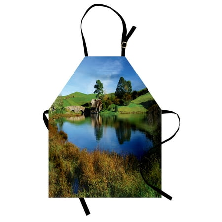Hobbit House - Hobbits Apron Hobbit Land Village House by Lake with Stone Bridge Farmhouse Cottage New Zealand, Unisex Kitchen Bib Apron with Adjustable Neck for Cooking Baking Gardening, Green Blue, by Ambesonne
