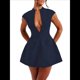 thumbnail image 2 of Vestido Mini de Verano Sexy para Mujer, con Mangas , Escote en V Profundo y Cremallera, Corte A, Ajustado, para Fiesta Azul Marino S, 2 of 7