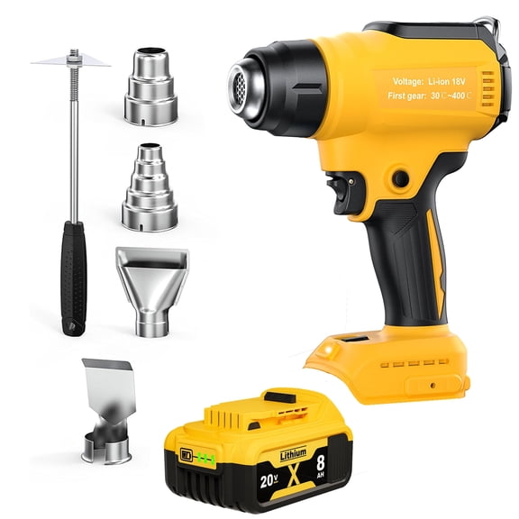 Heat Gun Cordless with 8.0Ah Battery 20V , 350W,Fast Heating Soldering Hot Air Gun 122℉-1022℉ Variable Temperature Control LED Light, with 4pcs Nozzles&Scraper for Crafts, ,Shrink Wrap(with Battery）