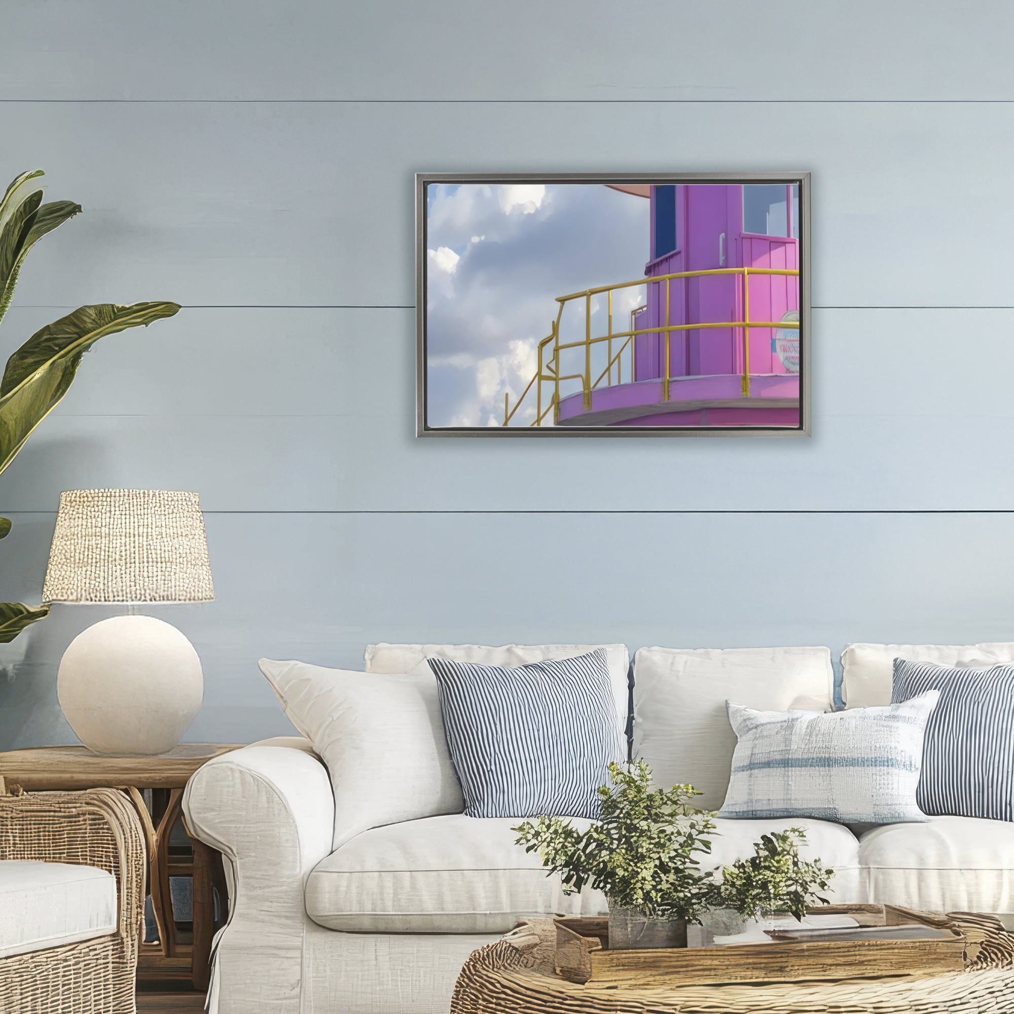 Stupell Industries Miami Beach Tower in Pink Gray Framed Floater Canvas Wall Art, design by Creative Studio