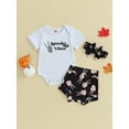 thumbnail image 6 of Newborn Baby Girl Halloween Outfit Spooky Vibes Short Sleeve Romper +Ghost Skull Shorts +Headband Set Infant Fall Cute Clothes, 6 of 7