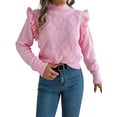 thumbnail image 2 of Womens Sweaters Sweater for Women Crewneck Ruffle Long Sleeve Solid Color Loose Pullover Top Winter 2025 Pink M, 2 of 9