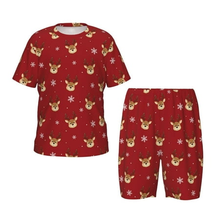 Adobk Reindeer Faces Festive Red Print Pajamas Toddler 2 Piece Short Sleeve Sleepwear Summer Kids Clothes Set-