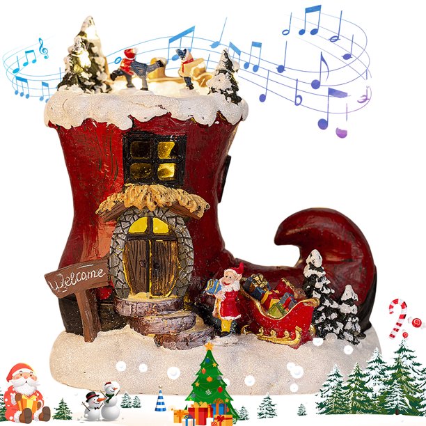 Resin Boot House Christmas Music Caja LED Light Up Decoraciones Navideñas