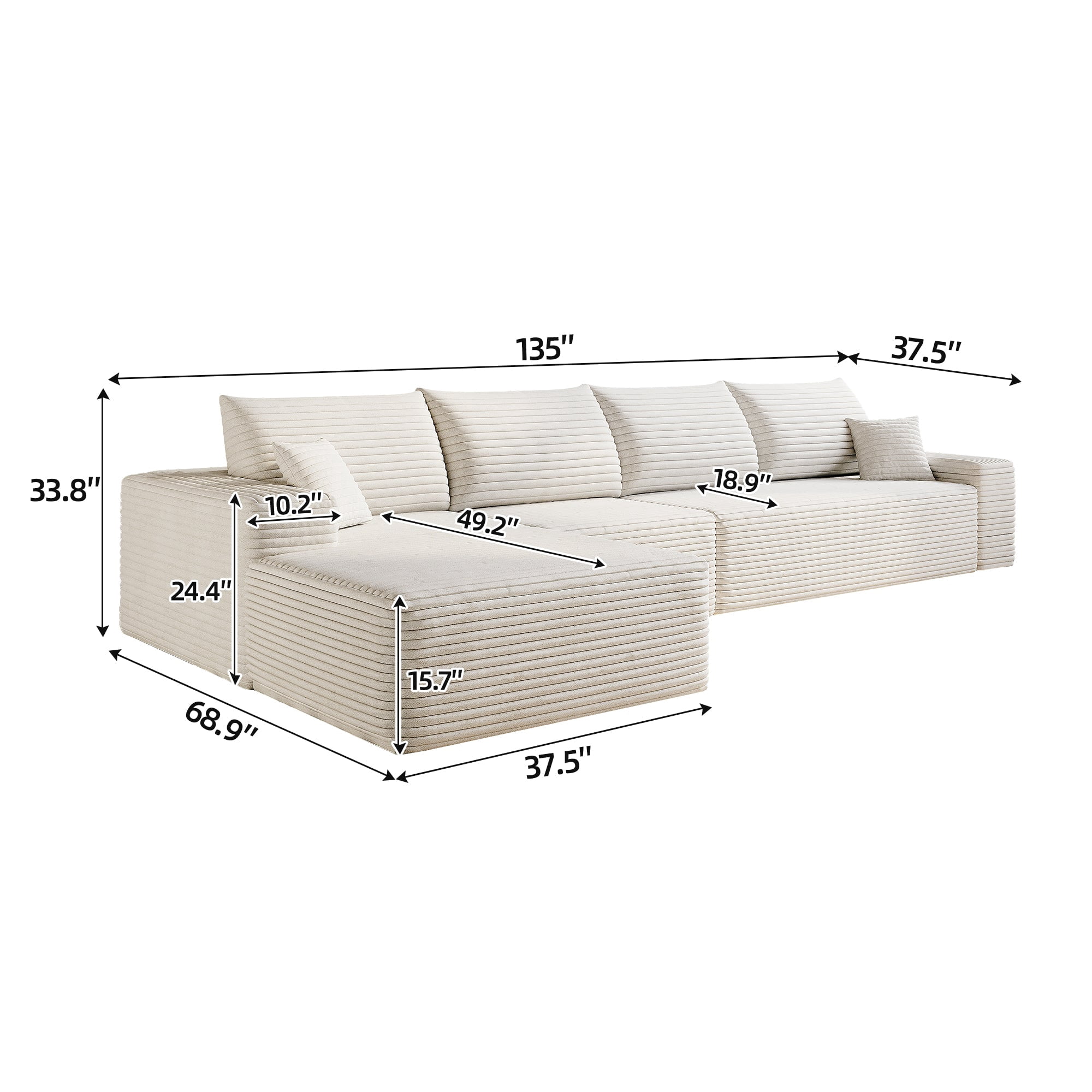 Sailvan 135" Cloud Sectional Couch, Cloudy Sofa with L-Shape Chaise, Upholstered Couches for Living Room & Bedroom, No Assembly Required, Plush Corduroy Fabric, Beige