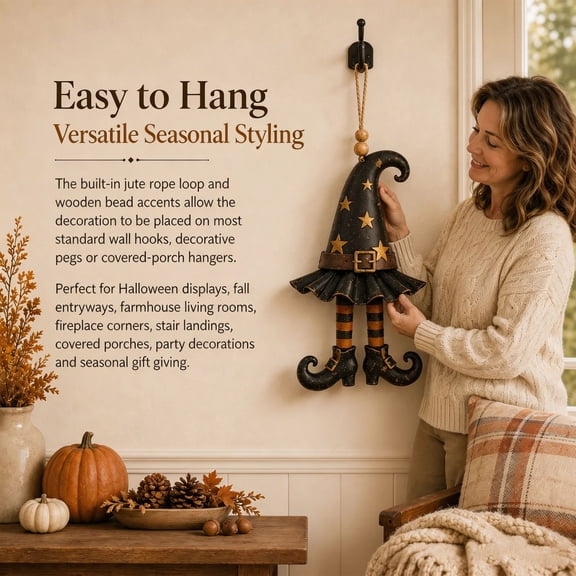 Vintage Wooden Witch Hat Halloween Hanging Decor, Multicolor Door Hanger for Porch, Wall, Outdoor Garden, Halloween Party and Fall Home Decoration
