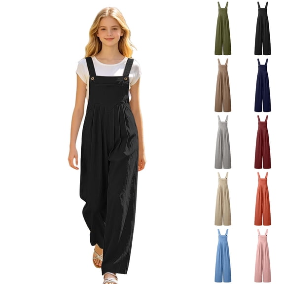 XINXIAOO Boys Girls Summer Sleeveless Rompers Relaxed Black Adjustable Strap Long Overalls with Pockets Clothes for 12-13 Years Boys Girls