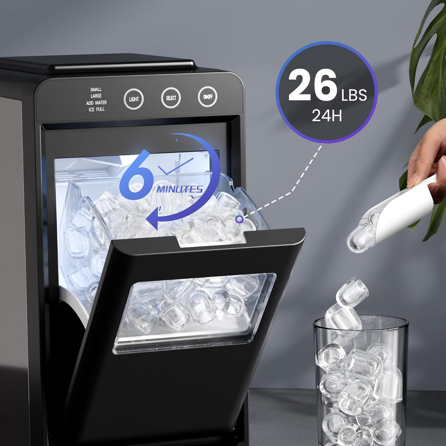 WAA Black Portable Ice Maker for Multiple Scenes 6 Mins for 8 Ice Cubes,Self-Cleaning,Interior Lighting,with 2 Ice Sizes & Intelligent Reminders
