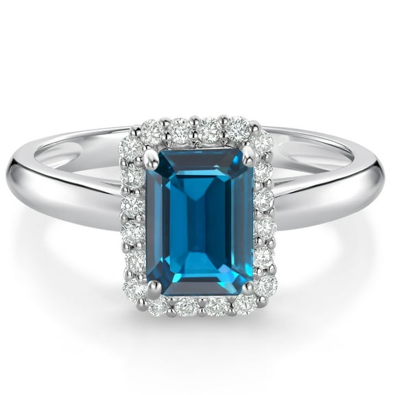 Gem Stone King 1.30 Ct Emerald Cut London Blue Topaz G/H Lab Grown Diamond 10K White Gold Halo Engagement Ring (Size 5)