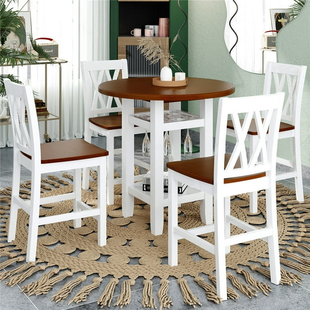 5 Piece Kitchen Table Set Farmhouse Dining Sets With Chairs For 4 Wooden Round Room Storage Shelf Glass Holder Home Living Restaurant Cl631 Farmhouse Dining Table Sets, Farmhouse Dining Table With Storage
